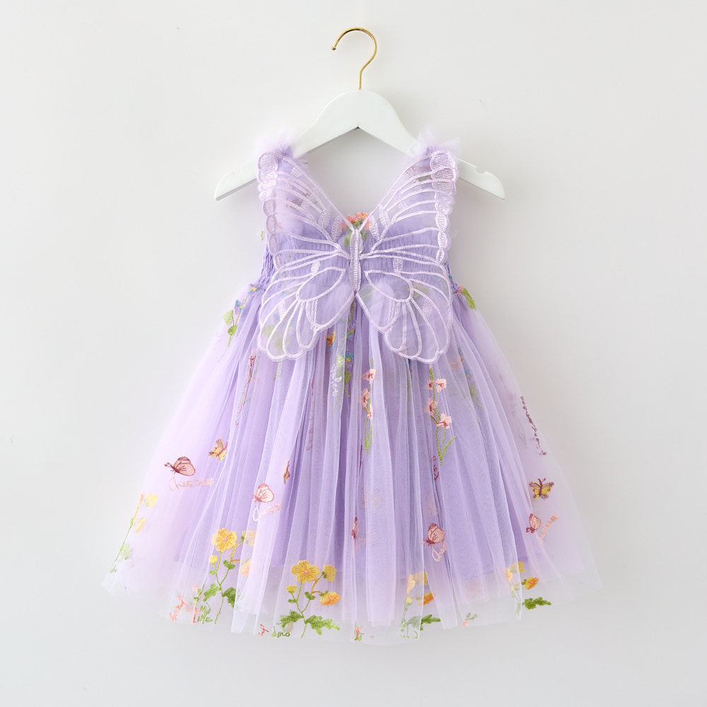 Girls floral embroidery mesh tutu dress with butterfly wings
