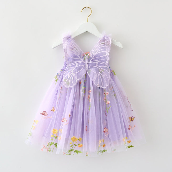 Girls floral embroidery mesh tutu dress with butterfly wings