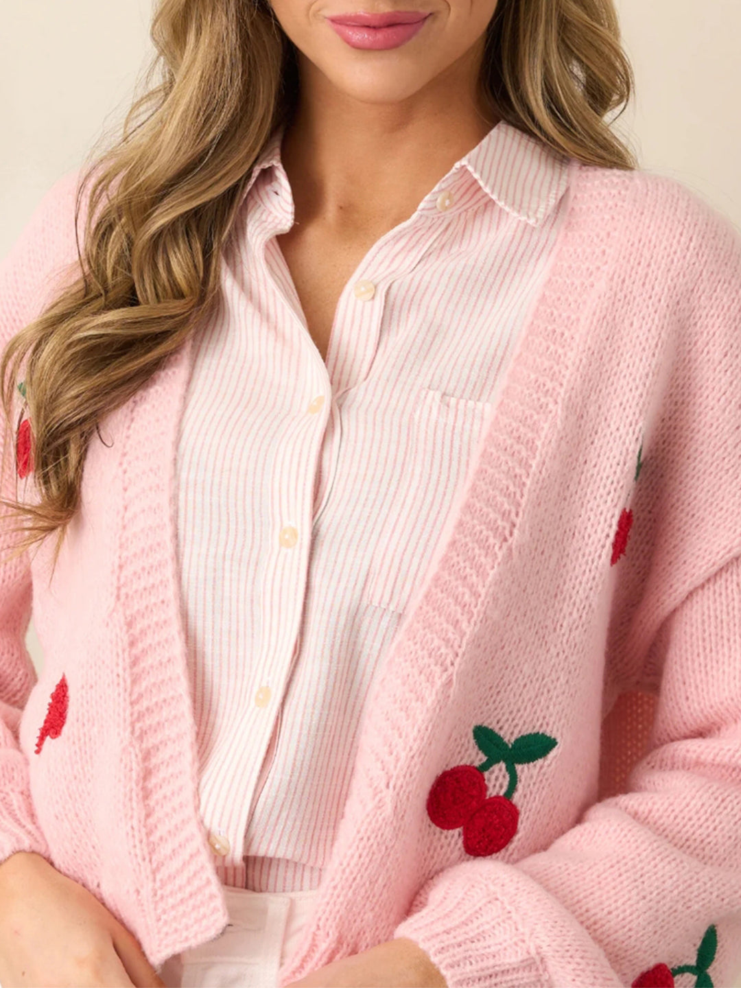 Cherry Embroidery Pink Sweater Cardigan for women