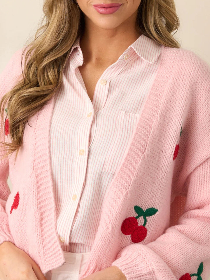 Cherry Embroidery Pink Sweater Cardigan for women