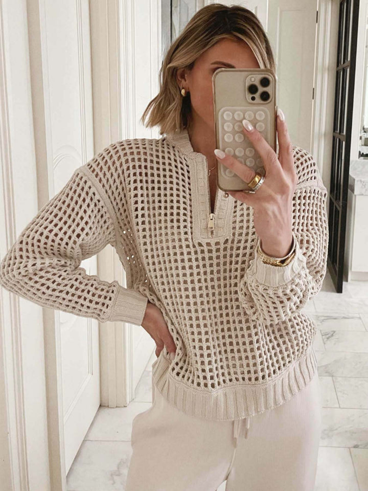Half-zip hollow knitted sweater
