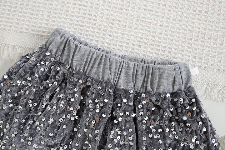 Sequin embroidery bow knitted cardigan sweater&skirt 2pcs set