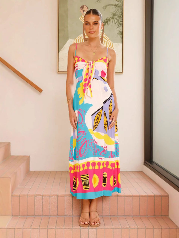 Holiday Style Printed Bow Tie Slit Dress