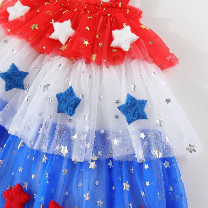 Girls'Glitter Stars Red White Blue mesh dress for 4th of July