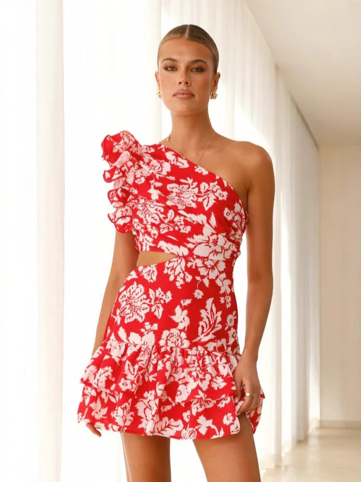 Floral Print One-shoulder Ruffled Waist Cutout Mini Dress