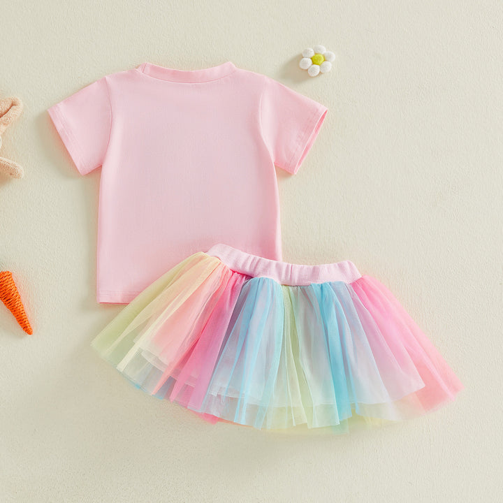 Easter Chenille Embroidery T-shirt&rainbow mesh skirt set