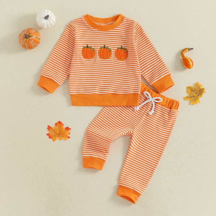Halloween Pumpkin Embroidery Striped Sweater&Pants 2pcs Set