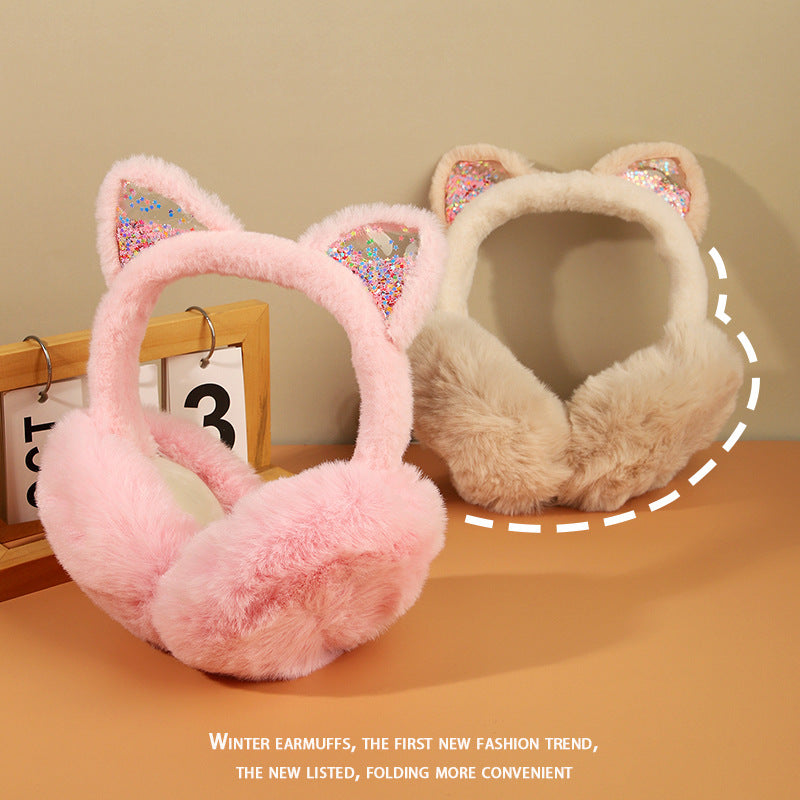 Sequin quicksand colorful furry Cat Earmuffs for kids