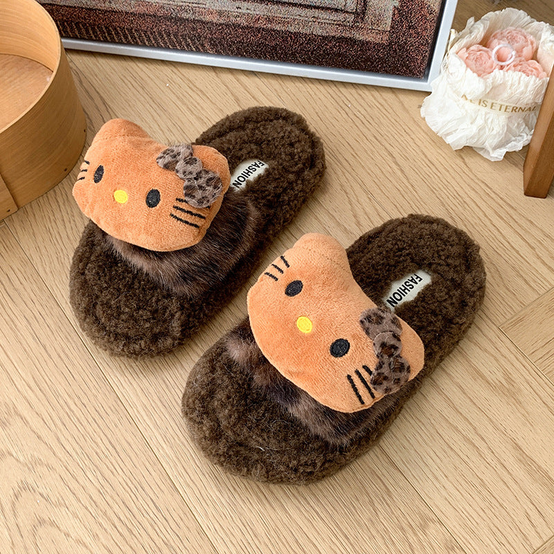 Leopard  kitty plush home slippers furry slippers for girls