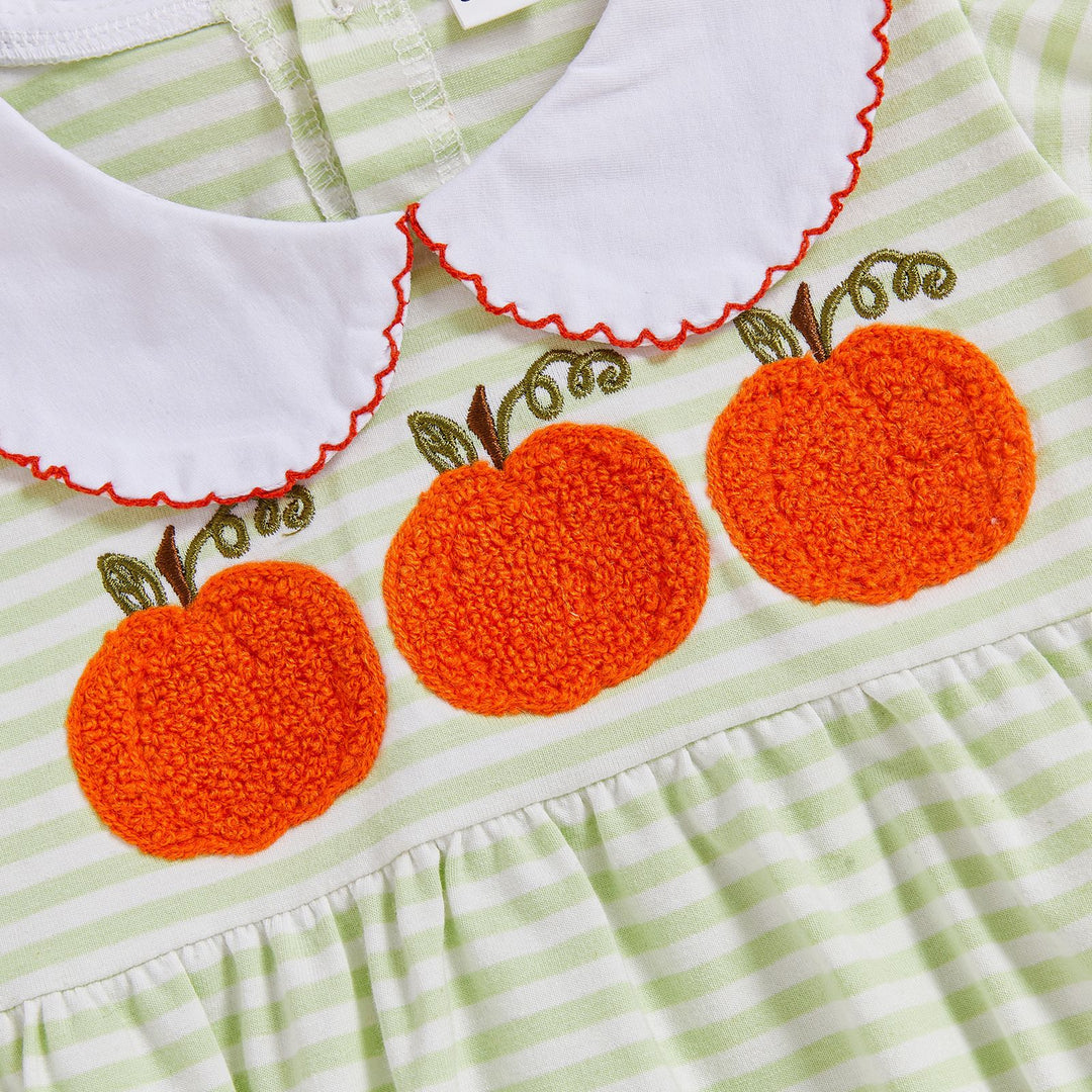 Halloween Pumpkin Embroidery Striped Puff Sleeve Romper