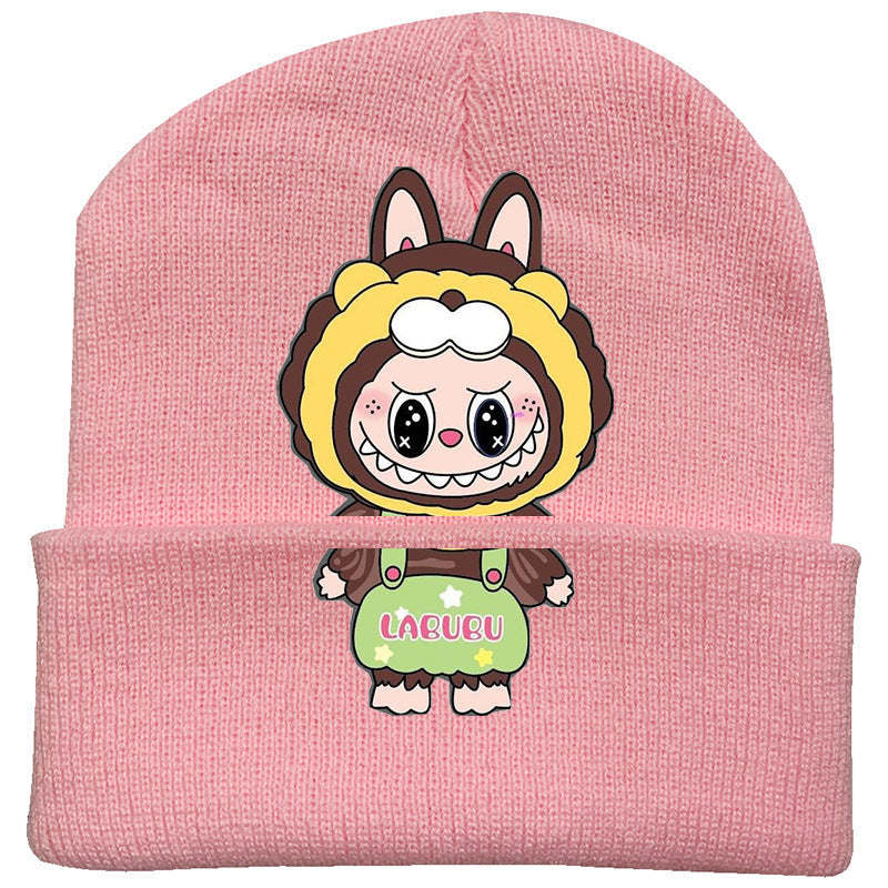Cute monster printed knitted beanie hat-pink