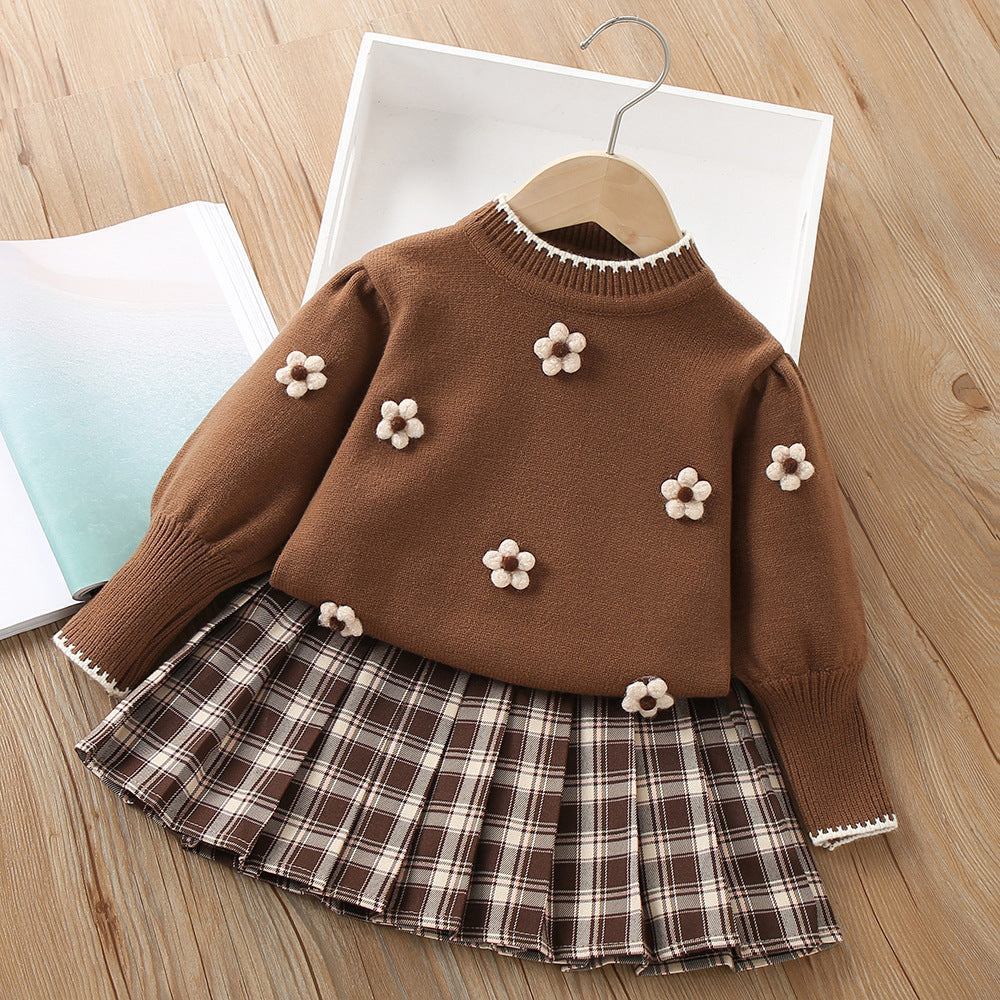 Girls flower knitted sweater&pleated skirt 2pcs set