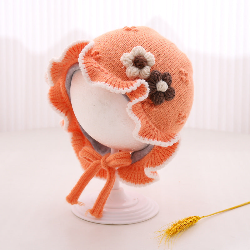 Baby cute sweet flower ruffle hem knitted hat
