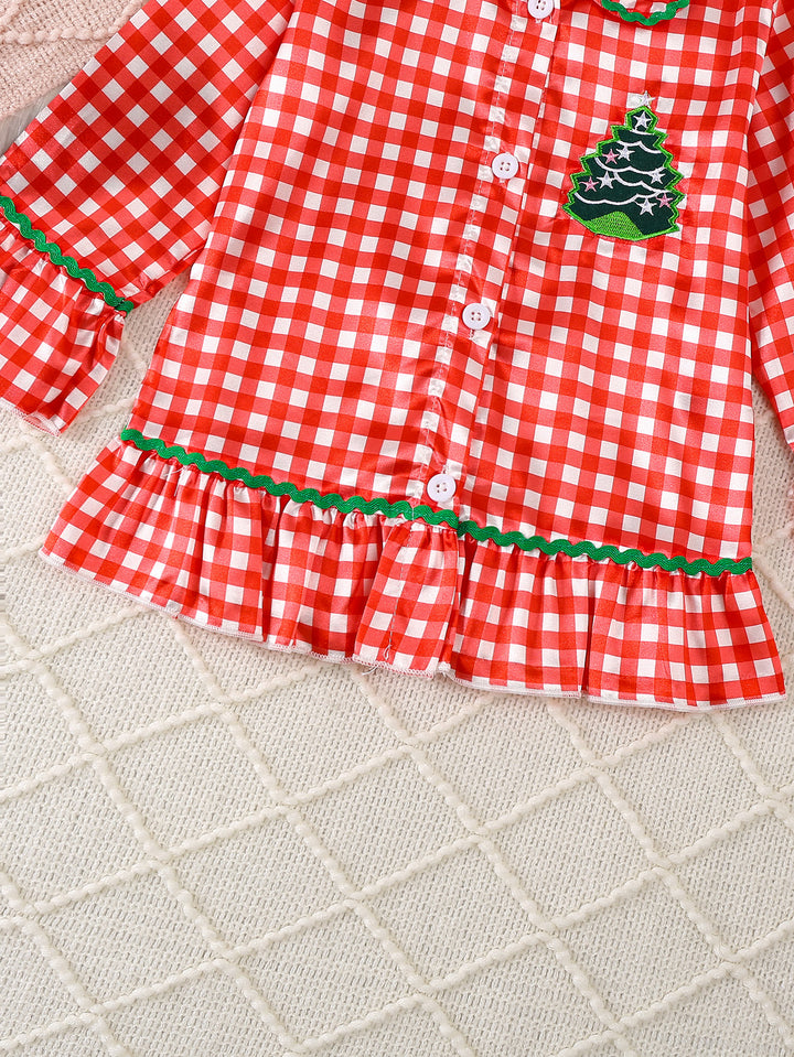 Christmas red checkerboard satin silk pajamas for girls