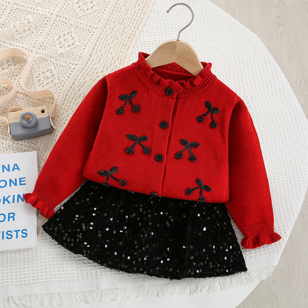 Sequin embroidery bow knitted cardigan sweater&skirt 2pcs set