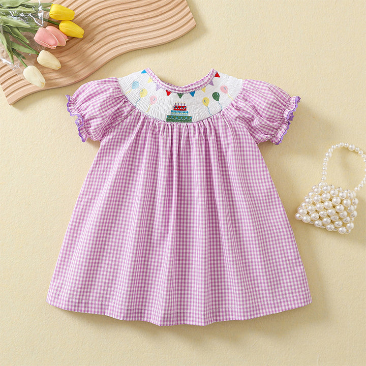Purple plaid Birthday smocked dress with exquisite embroidery