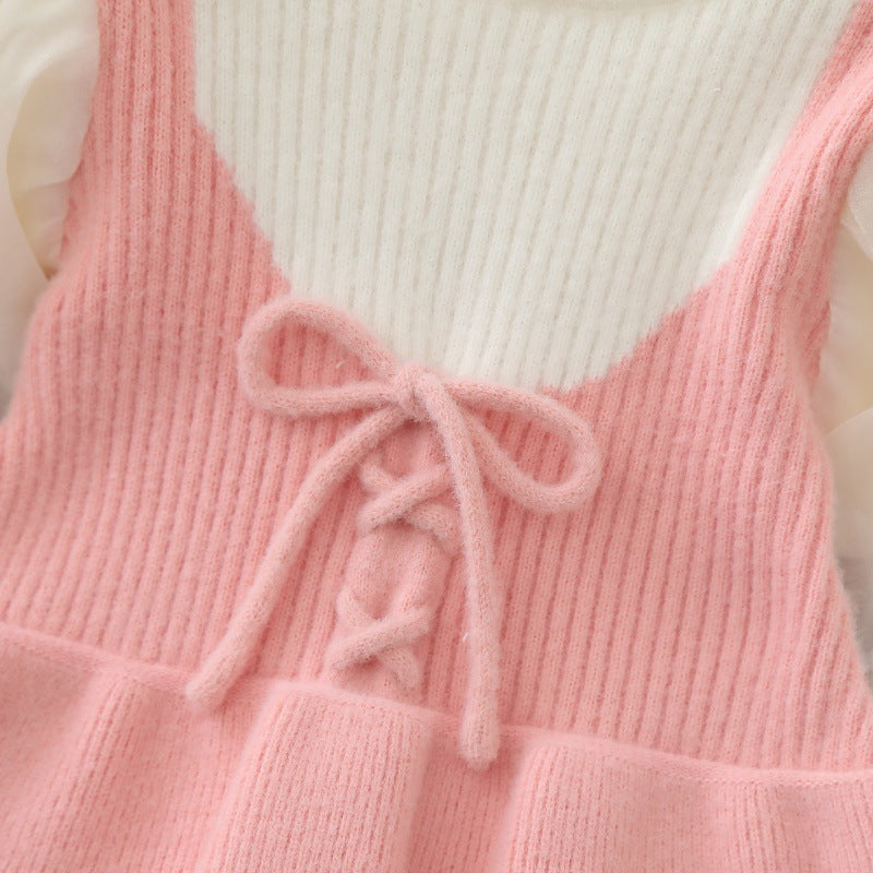 Girls puff sleeve knitted sweater skirt