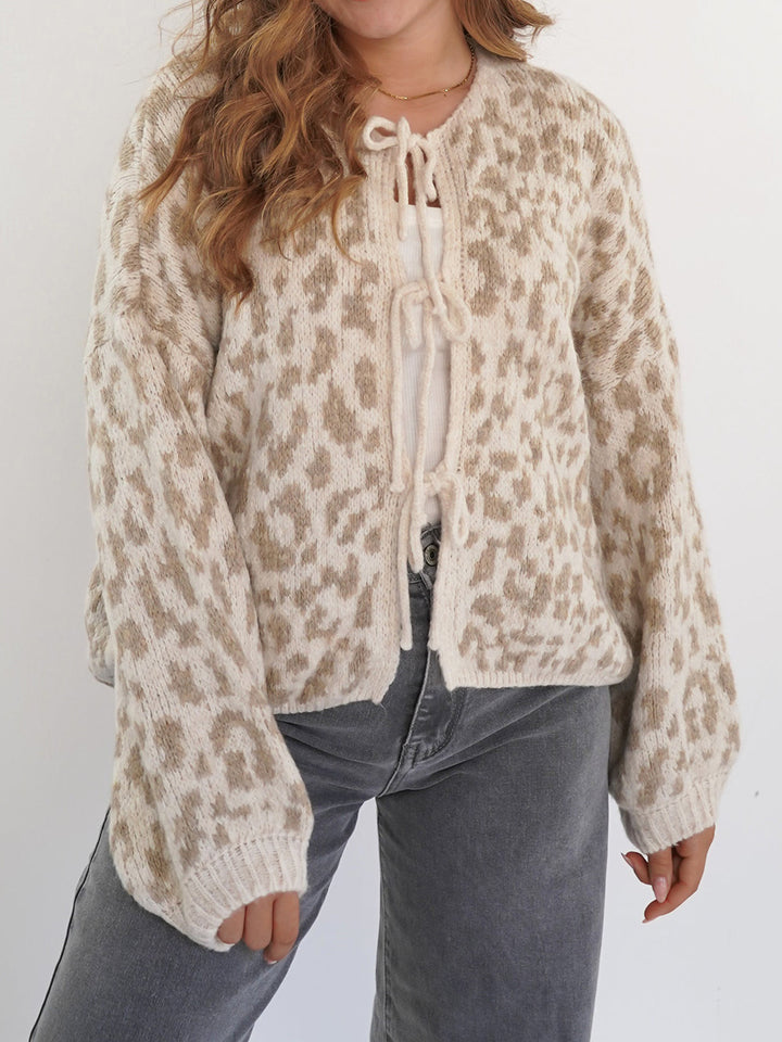 Bow tie knitted leopard cardigan coat