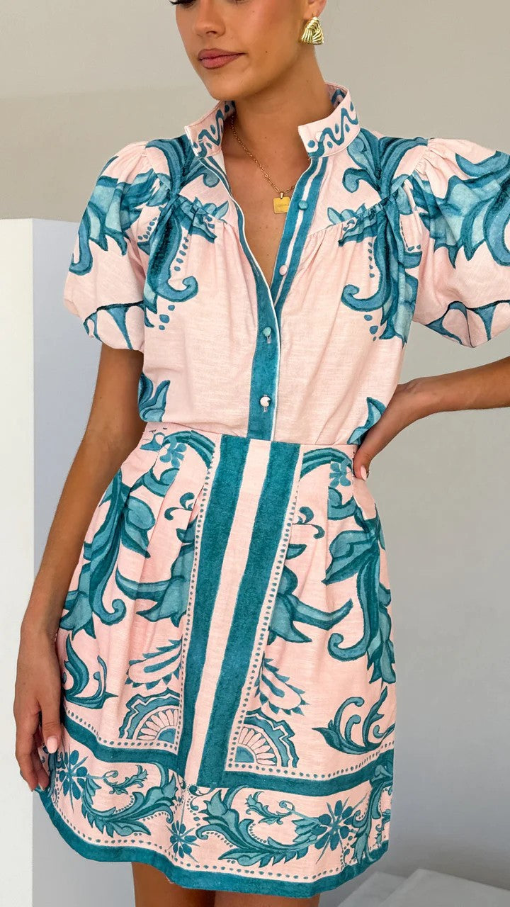 Unique floral printed Puff Sleeve shirt&Skirt set