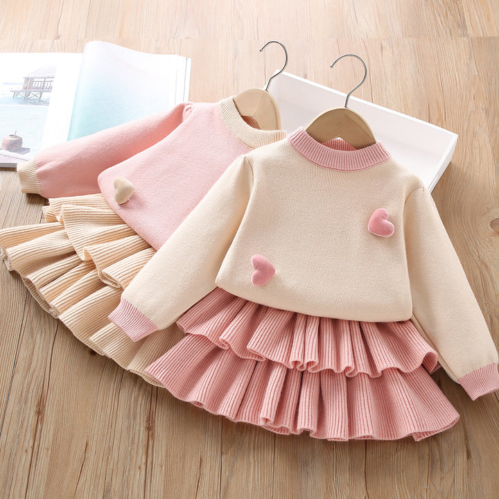 Valentine's love heart knitted sweater&cake skirt 2pcs set