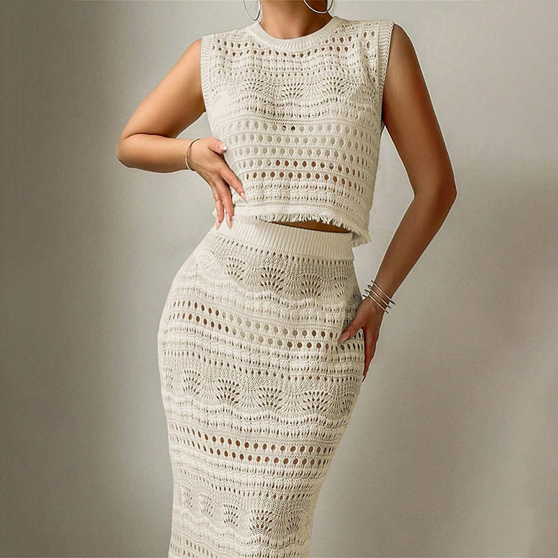 women's solid color knitted beach cover-up 2PCS skirt set