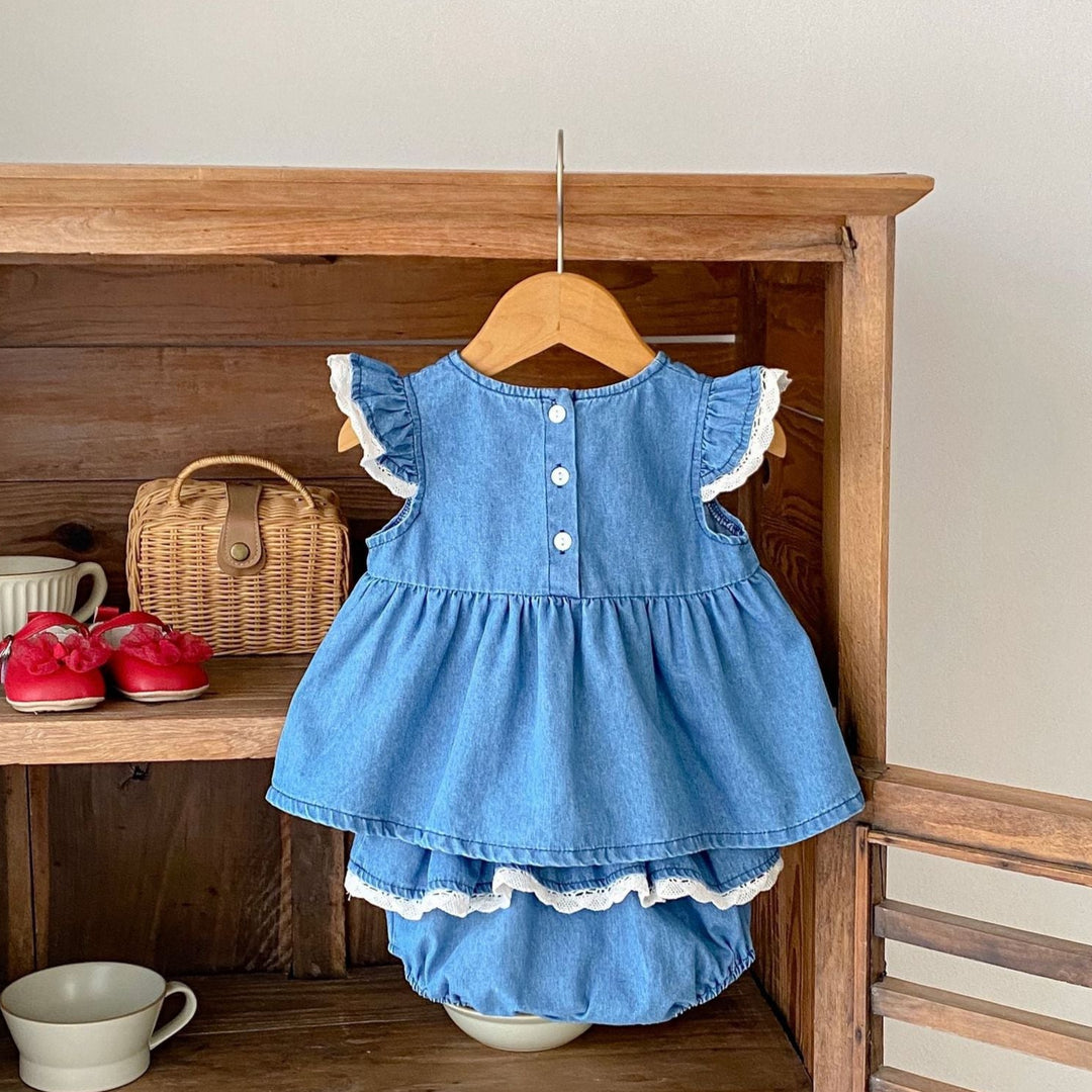 Baby denim lace dress top&bubble short 2pcs set
