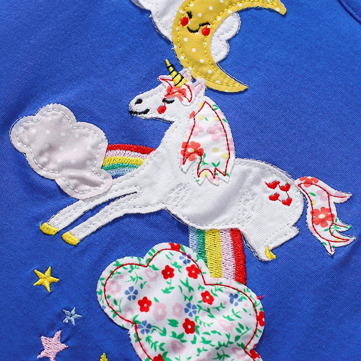 Unicorn applique blue cotton tee for girls
