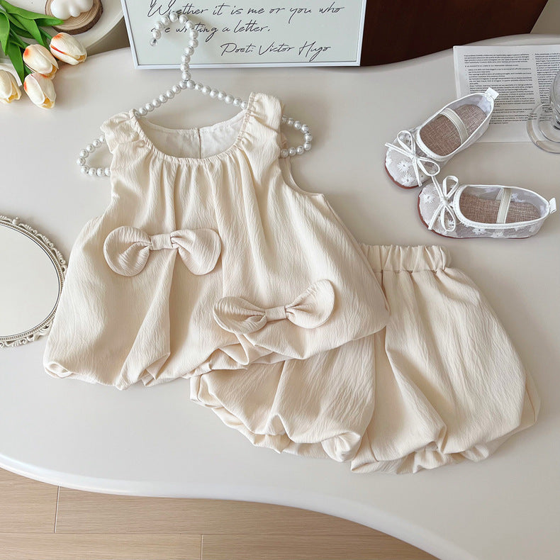 Girls bow-knot sleeveless dress sisters summer outfit