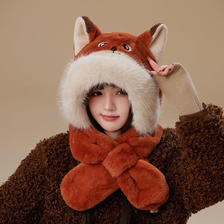 Cute monster winter windproof plush hat scarf gloves all in one