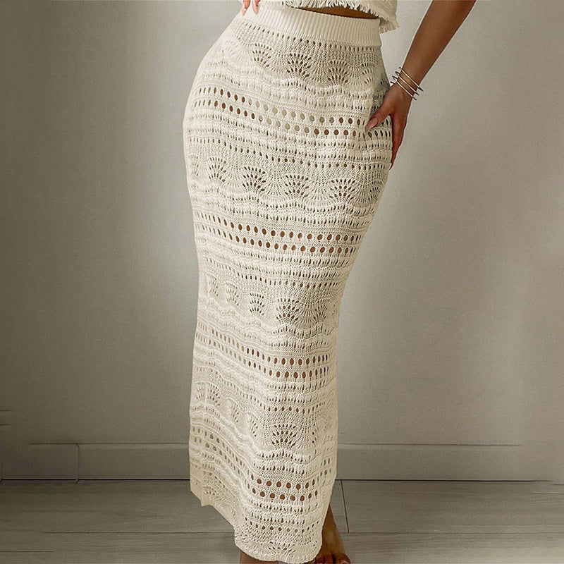 women's solid color knitted beach cover-up 2PCS skirt set