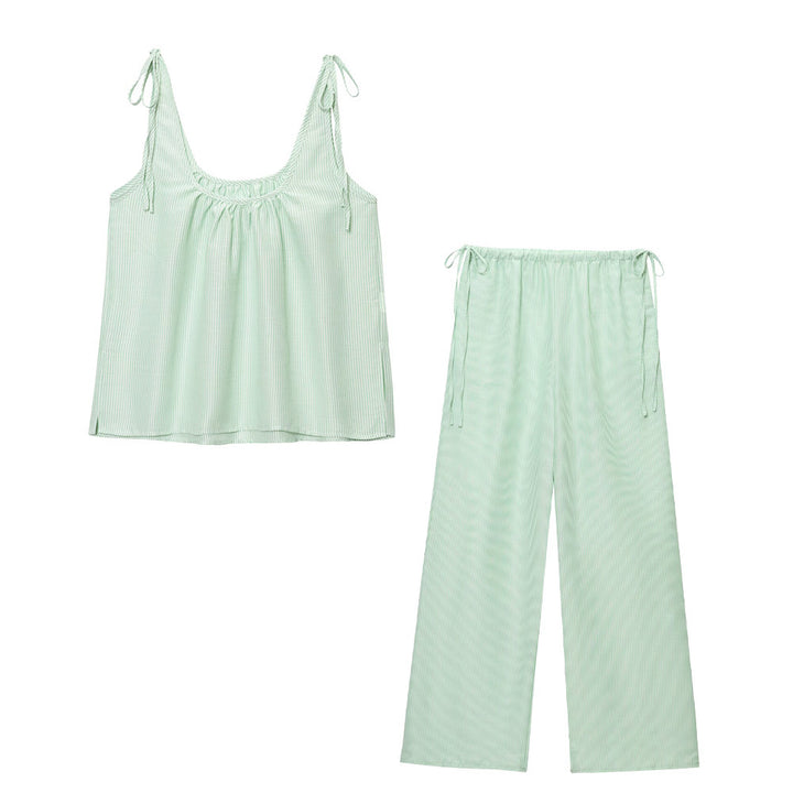 Striped crew neck camisole top&casual trousers set