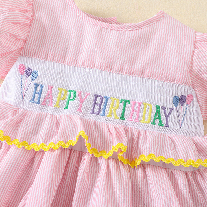 Bow tie Birthday embroidery cake dress with puff sleeves