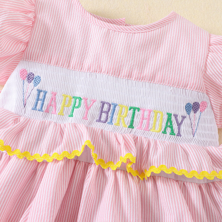 Bow tie Birthday embroidery cake dress with puff sleeves