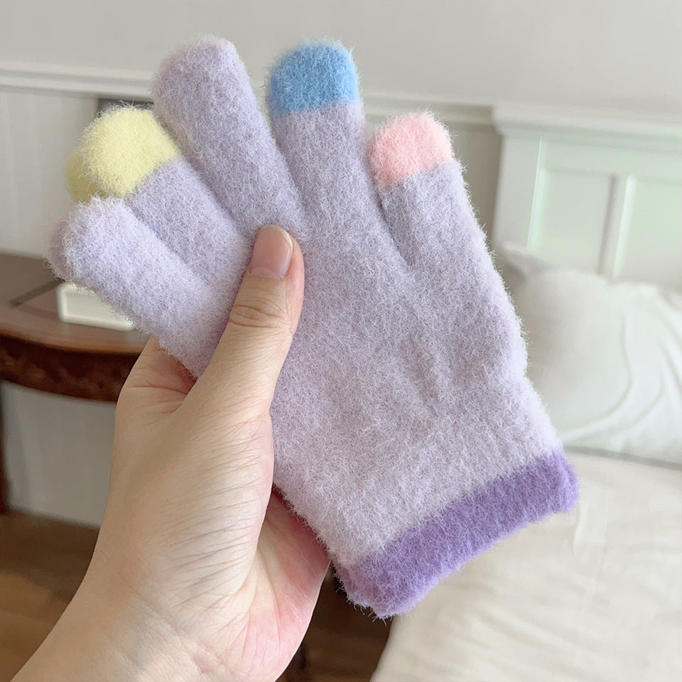 Colorful macaron warm gloves students five fingers gloves