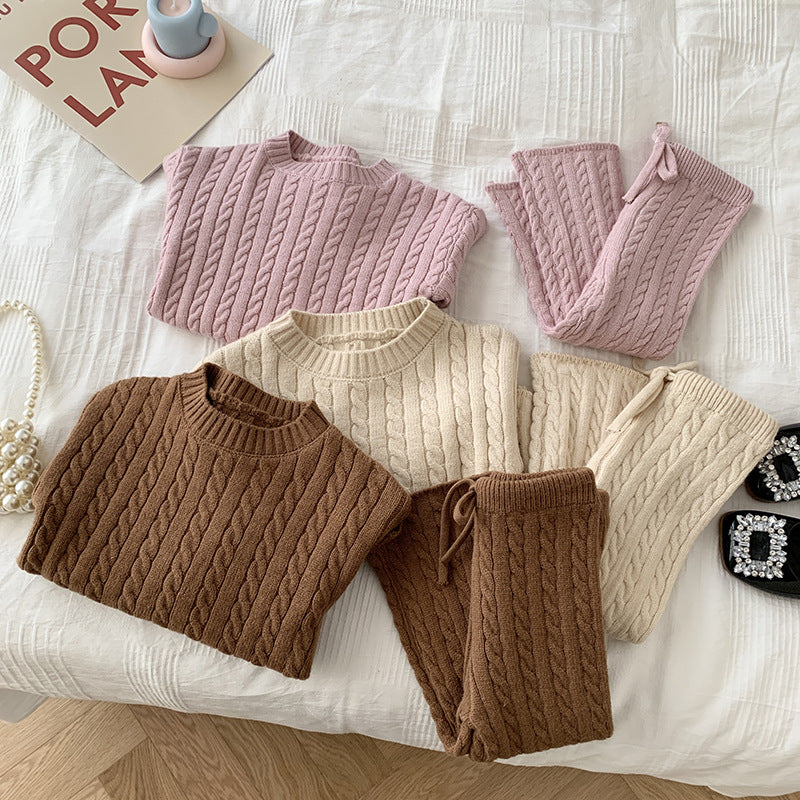 Baby girls solid color twist knitted sweater&pant 2pcs set
