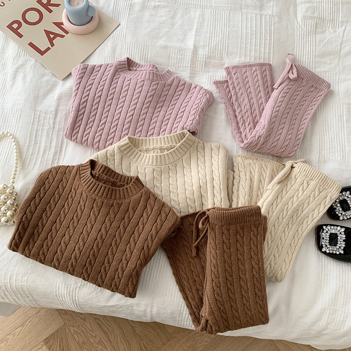 Baby girls solid color twist knitted sweater&pant 2pcs set
