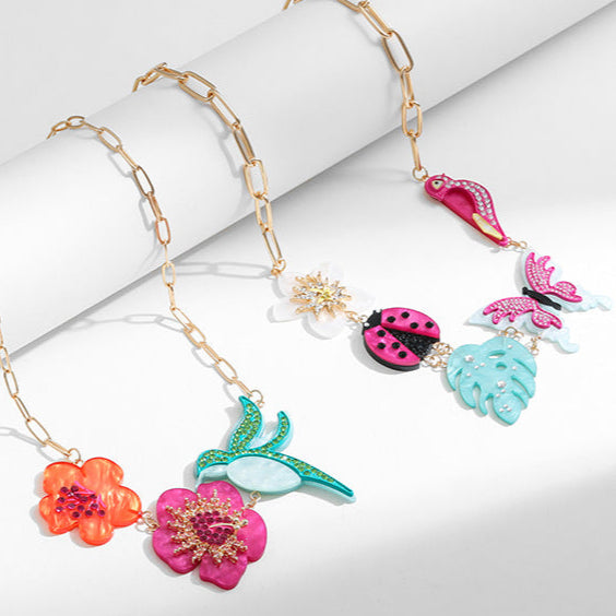 Spring &Summer Acrylic Flower Bird Diamond Necklace