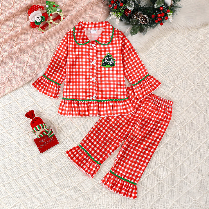 Christmas red checkerboard satin silk pajamas for girls
