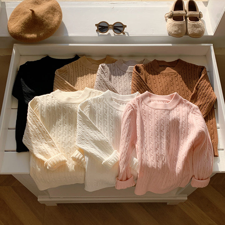 Children's solid color twist round neck knitted sweater