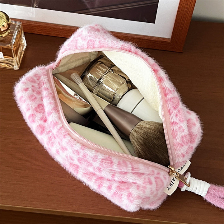 Pink leopard plush portable cosmetic bag