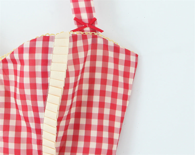 Sweetheart red plaid halter neck backless mini dress