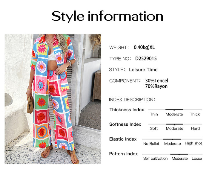 Boho Printed Button Top&wide leg pant Set for summer vacation