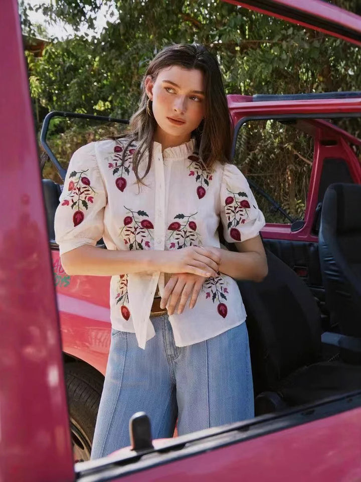Flower Embroidered Button Shirt with Puff Sleeves