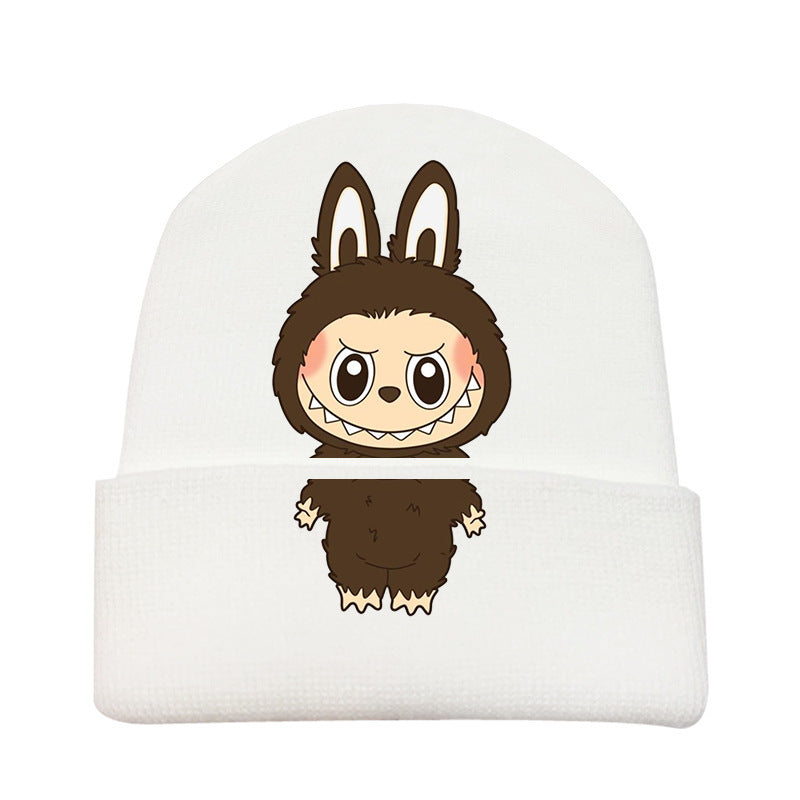 Cute monster printed knitted beanie hat-white