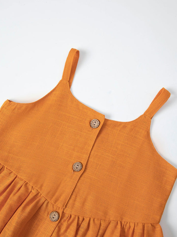Girls summer cotton and linen button suspender dress