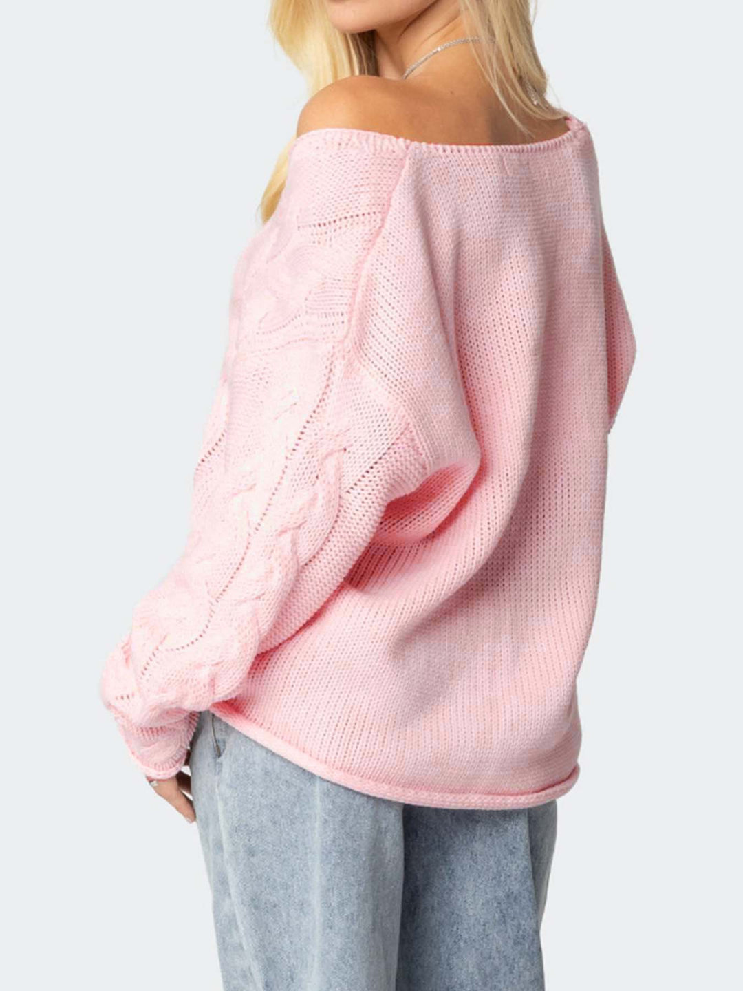 Pink loose V-neck cable knit pullover sweater
