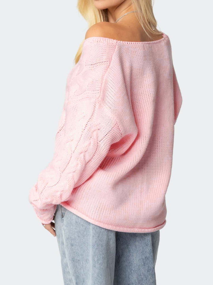 Pink loose V-neck cable knit pullover sweater