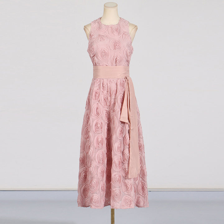 Retro round neck sleeveless 3D flower dress