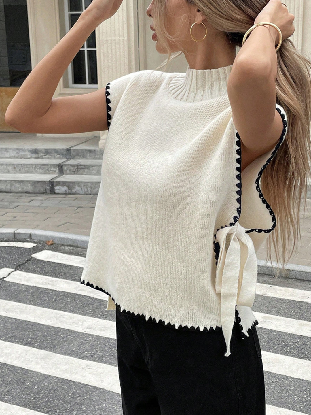 Women's Knitted Sleeveless Vest with Bow Tie