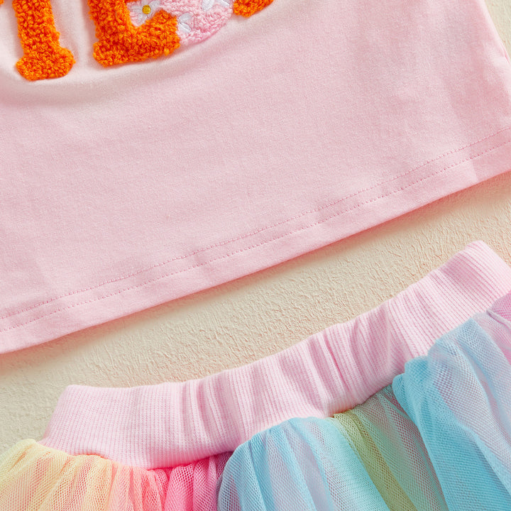 Easter Chenille Embroidery T-shirt&rainbow mesh skirt set